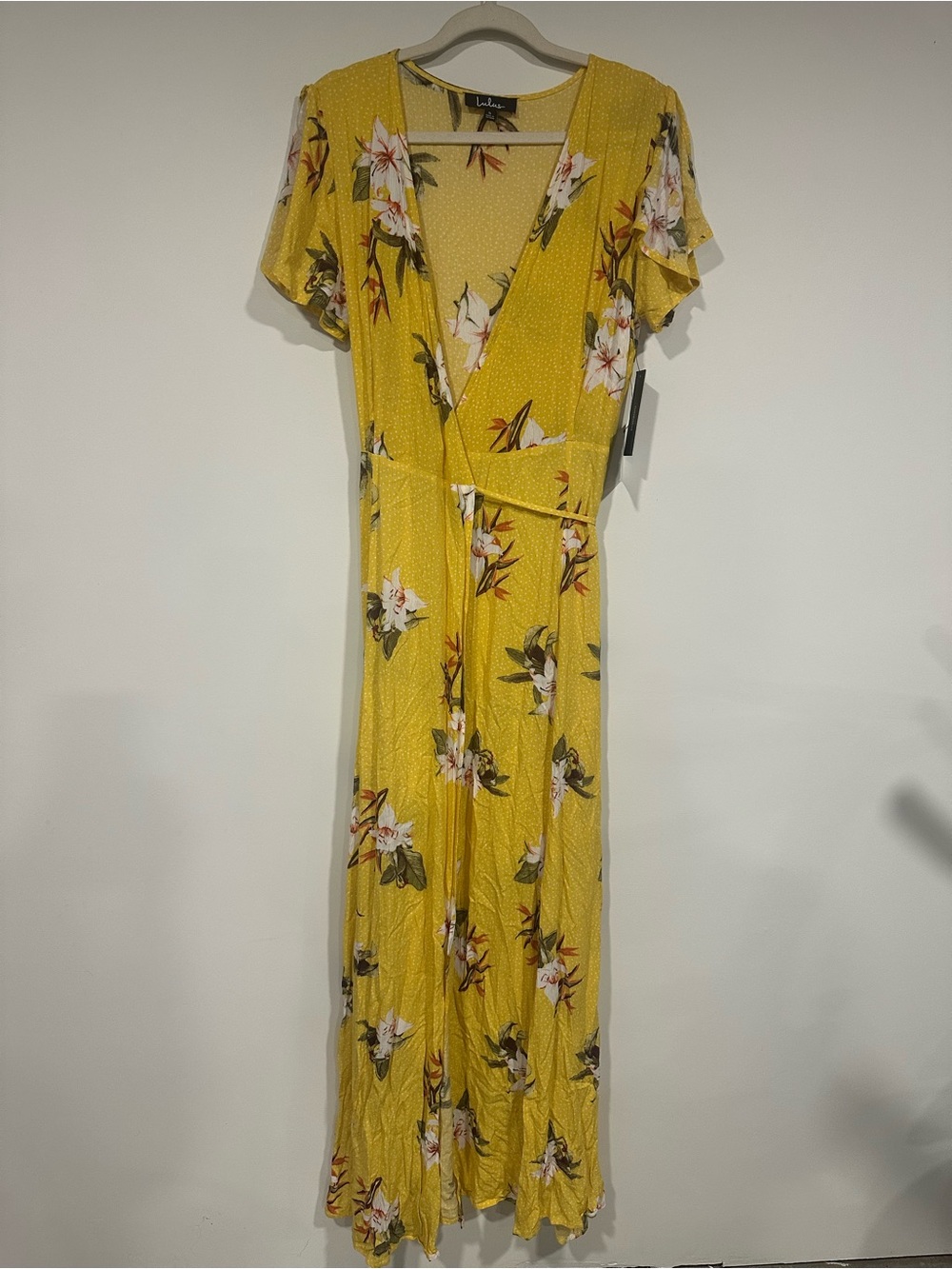 NWT Lulus Heart of Marigold Dress Women S Yellow Floral Wrap Maxi Tropical - Picture 2 of 5